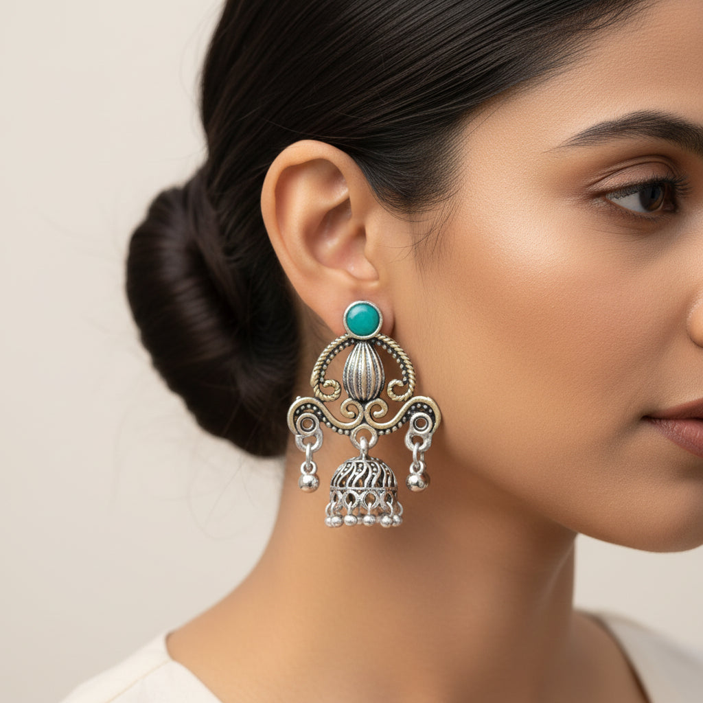 Intricate swirls jhumki earrings (Green)