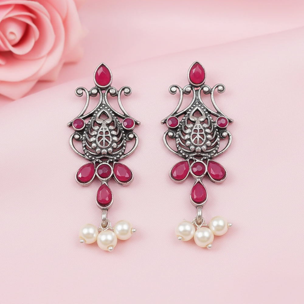 Flower motif hanging pearls dangler earring (Red)