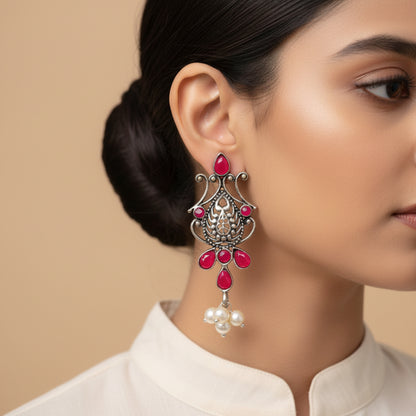 Flower motif hanging pearls dangler earring (Red)