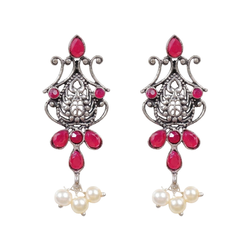 Flower motif hanging pearls dangler earring (Red)