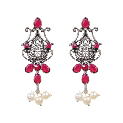 Flower motif hanging pearls dangler earring (Red)
