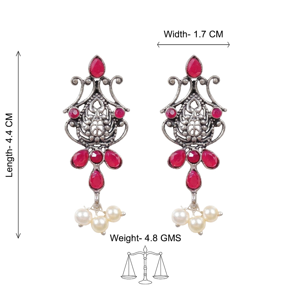 Flower motif hanging pearls dangler earring (Red)