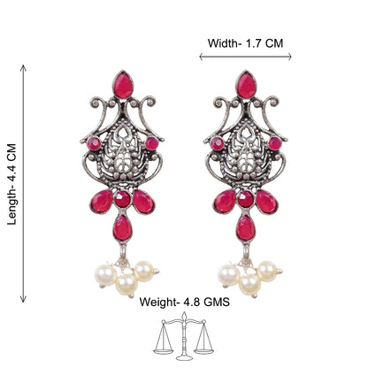 Flower motif hanging pearls dangler earring (Red)