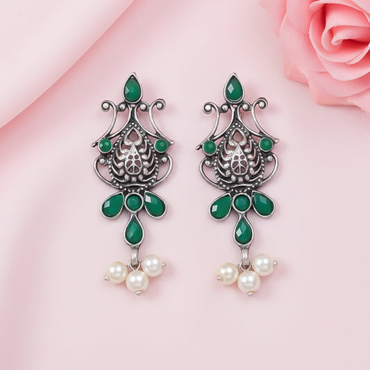 Flower motif hanging pearls dangler earring (Green)