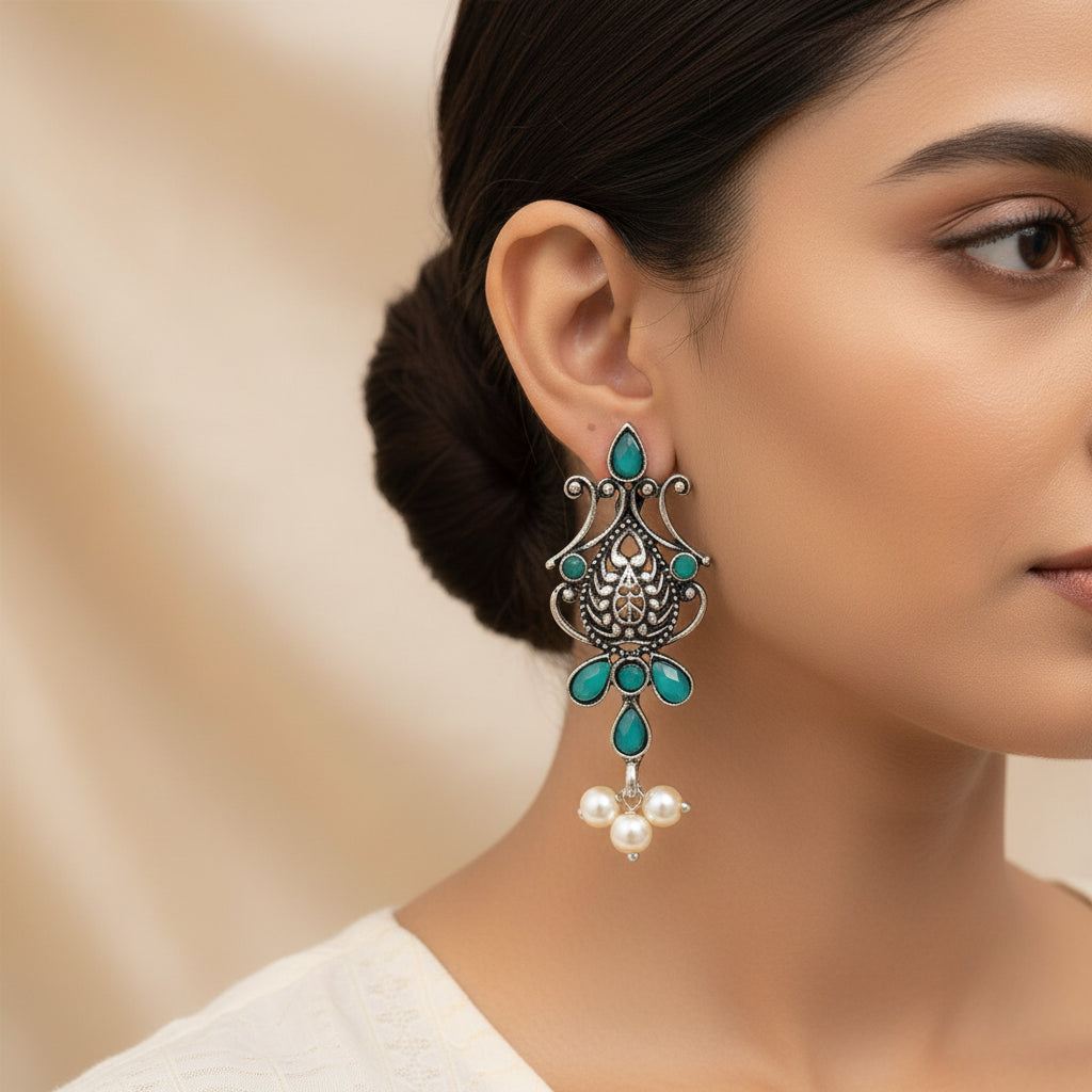 Flower motif hanging pearls dangler earring (Green)