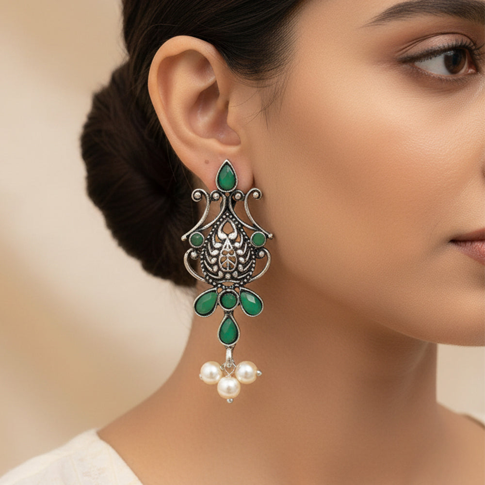 Flower motif hanging pearls dangler earring (Green)
