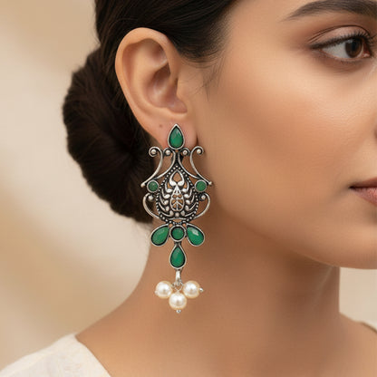 Flower motif hanging pearls dangler earring (Green)