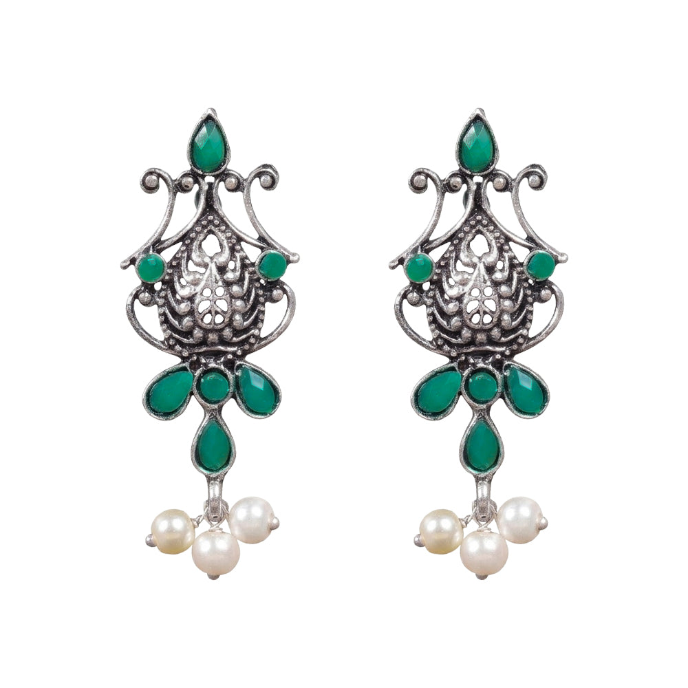 Flower motif hanging pearls dangler earring (Green)