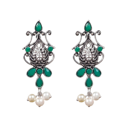 Flower motif hanging pearls dangler earring (Green)