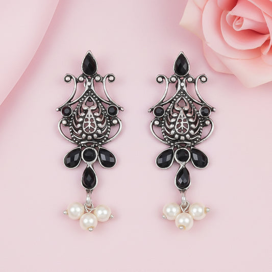 Flower motif hanging pearls dangler earring (Black)