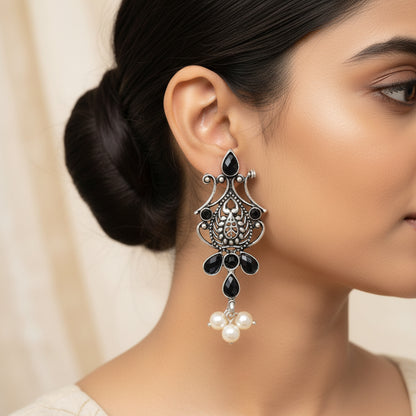 Flower motif hanging pearls dangler earring (Black)