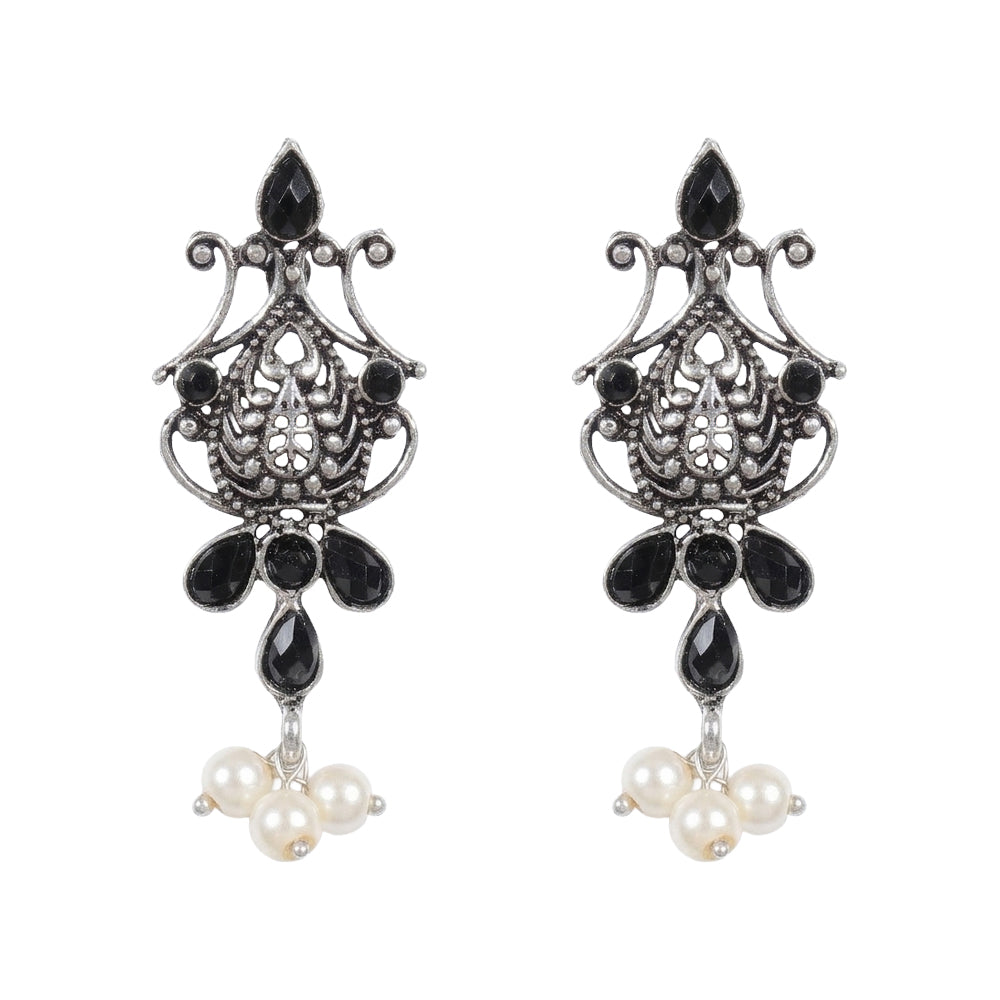 Flower motif hanging pearls dangler earring (Black)