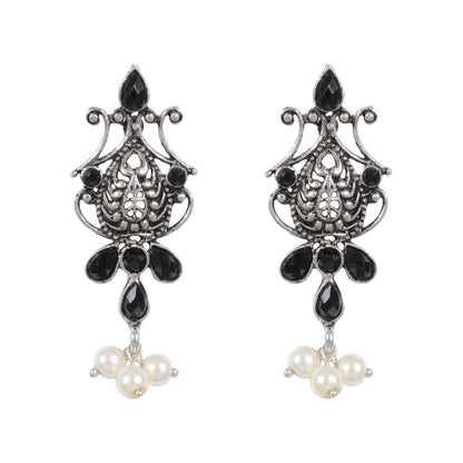 Flower motif hanging pearls dangler earring (Black)