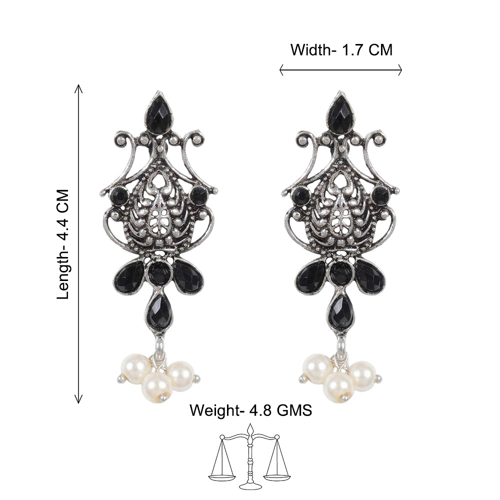 Flower motif hanging pearls dangler earring (Black)