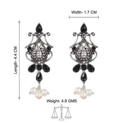 Flower motif hanging pearls dangler earring (Black)