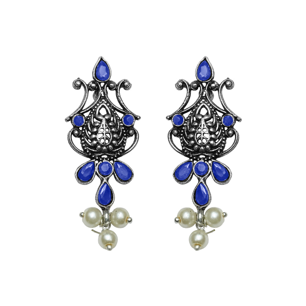 Flower motif hanging pearls dangler earring (Blue)