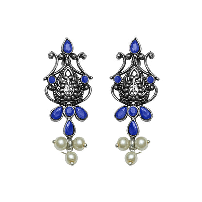 Flower motif hanging pearls dangler earring (Blue)