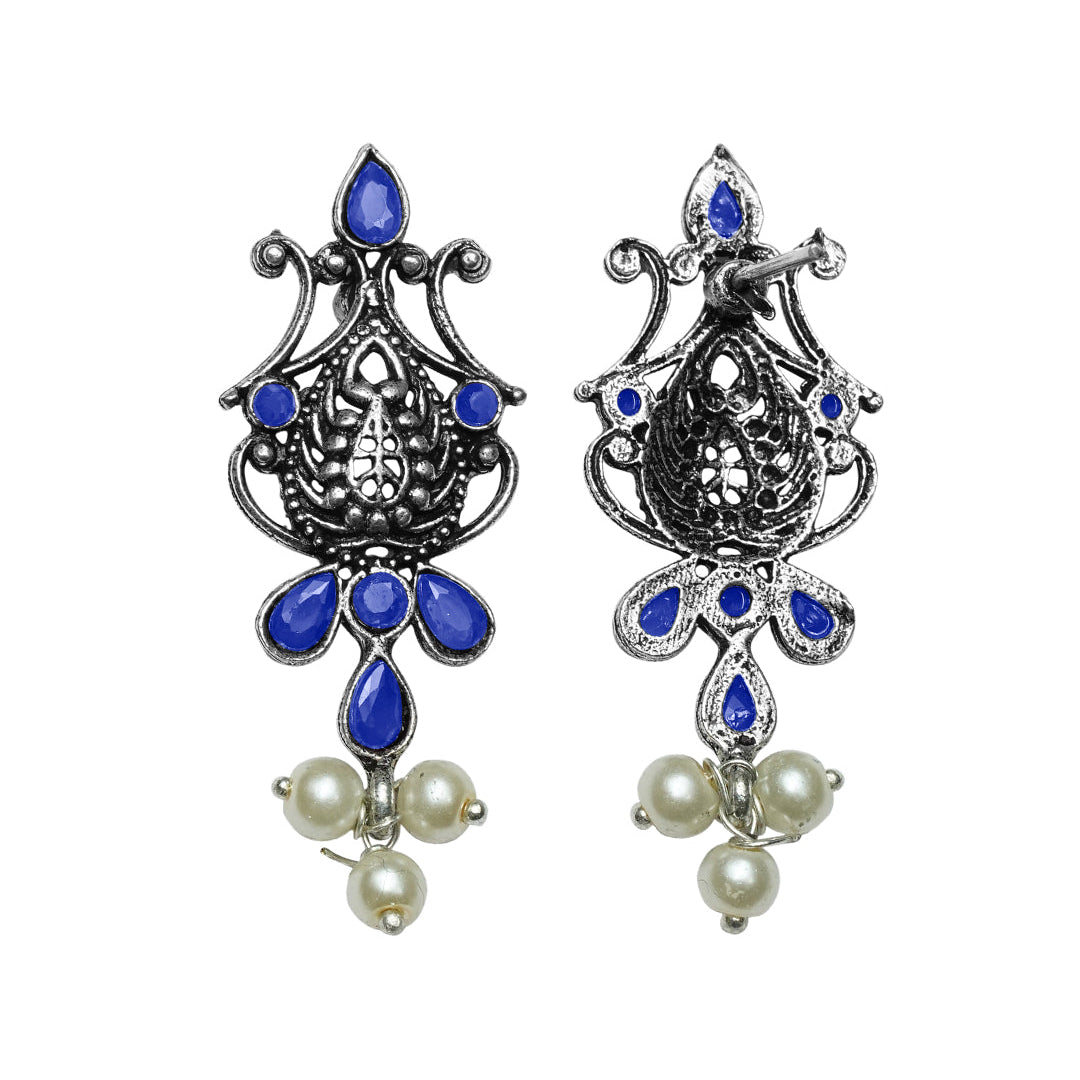 Flower motif hanging pearls dangler earring (Blue)