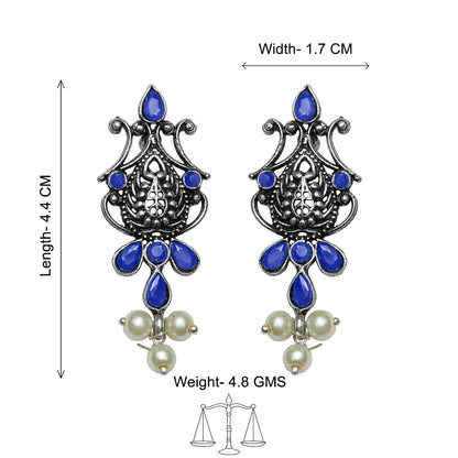 Flower motif hanging pearls dangler earring (Blue)
