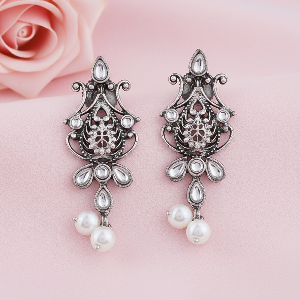 Flower motif hanging pearls dangler earring (White)