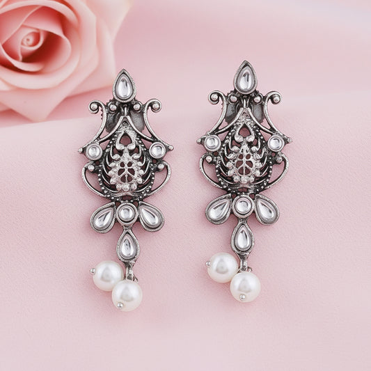 Flower motif hanging pearls dangler earring (White)