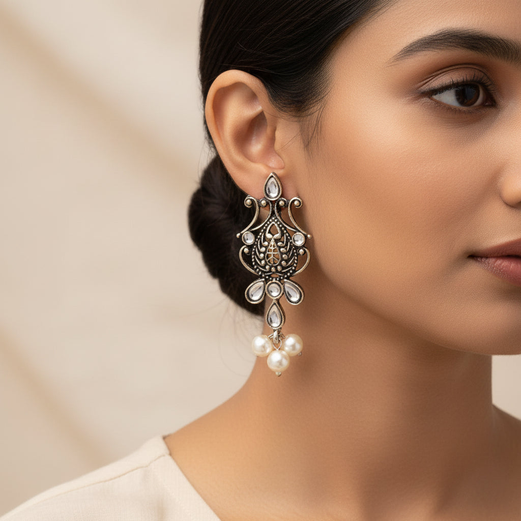 Flower motif hanging pearls dangler earring (White)