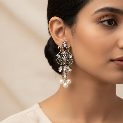 Flower motif hanging pearls dangler earring (White)