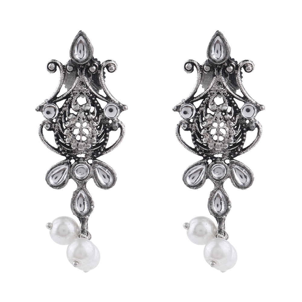 Flower motif hanging pearls dangler earring (White)