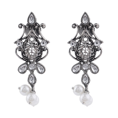 Flower motif hanging pearls dangler earring (White)