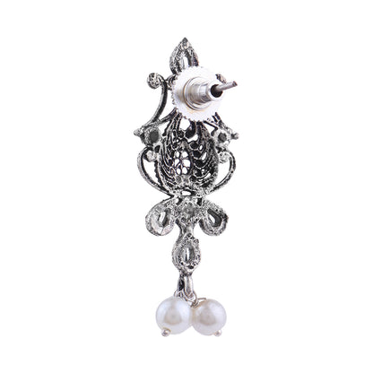 Flower motif hanging pearls dangler earring (White)
