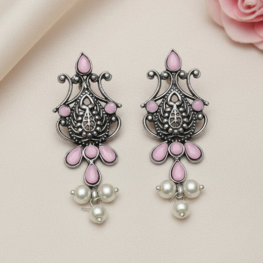 Flower motif hanging pearls dangler earring (Baby Pink)