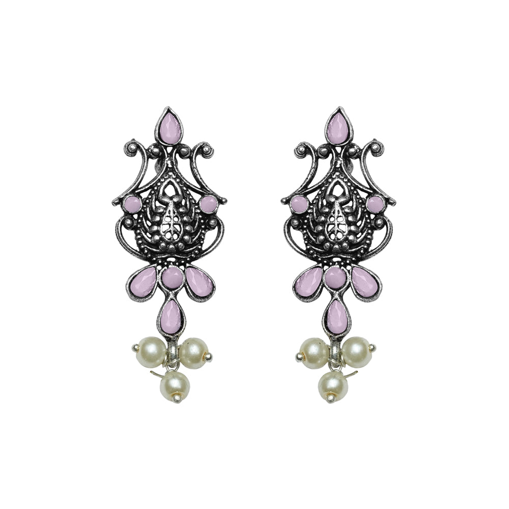 Flower motif hanging pearls dangler earring (Baby Pink)