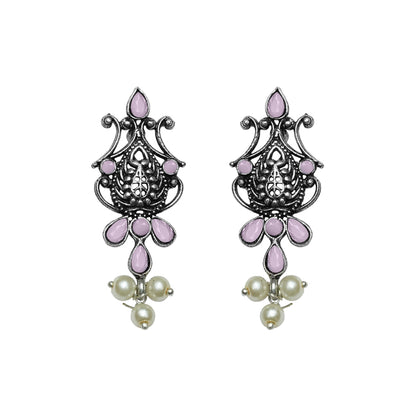 Flower motif hanging pearls dangler earring (Baby Pink)