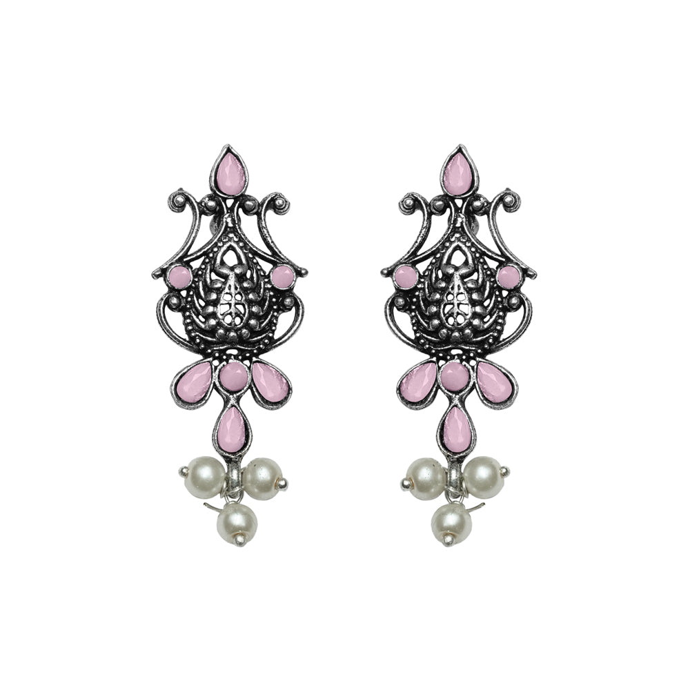 Flower motif hanging pearls dangler earring (Baby Pink)