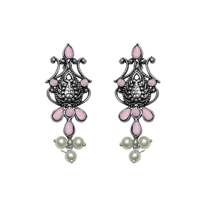 Flower motif hanging pearls dangler earring (Baby Pink)