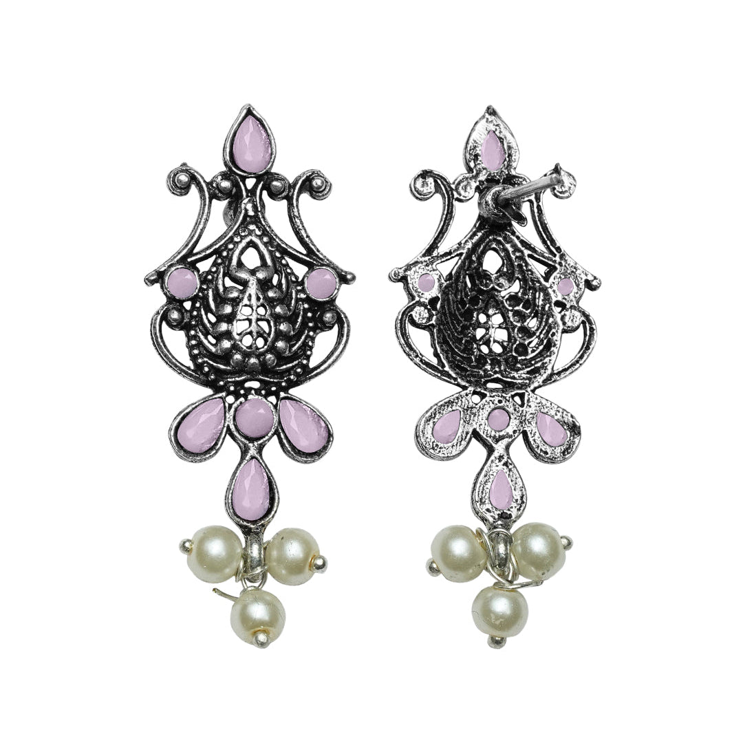 Flower motif hanging pearls dangler earring (Baby Pink)