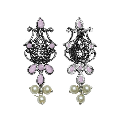 Flower motif hanging pearls dangler earring (Baby Pink)