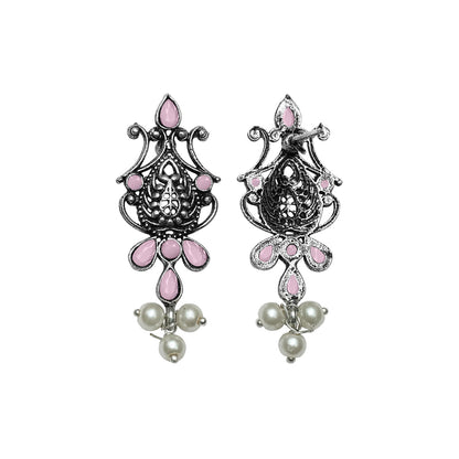 Flower motif hanging pearls dangler earring (Baby Pink)