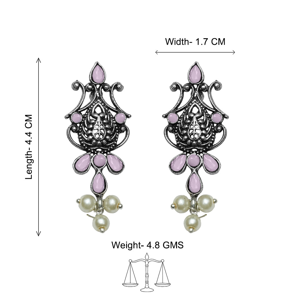 Flower motif hanging pearls dangler earring (Baby Pink)