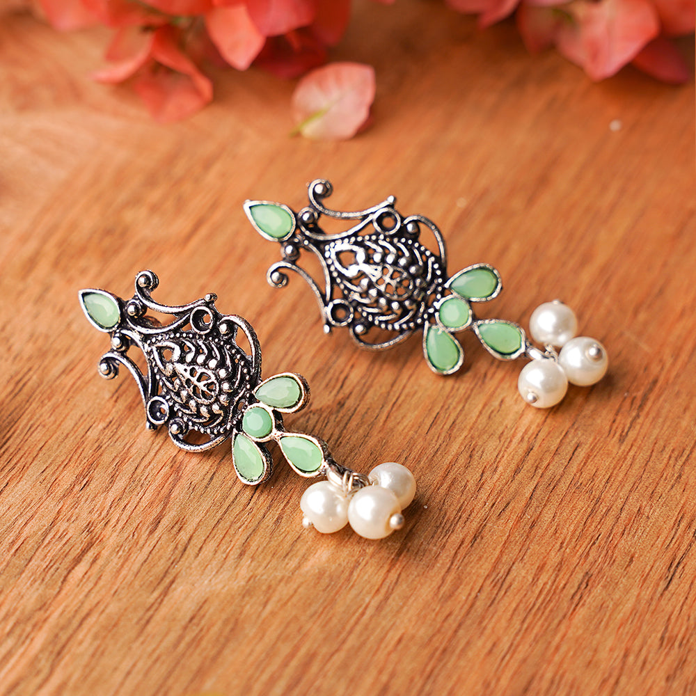 Flower motif hanging pearls dangler earring (Pista)