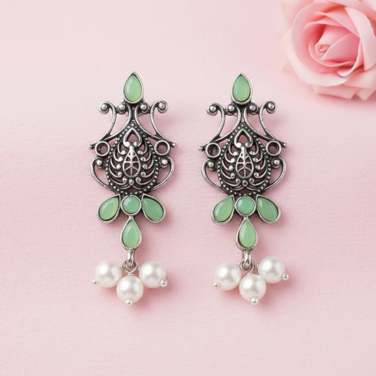 Flower motif hanging pearls dangler earring (Pista)