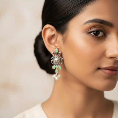 Flower motif hanging pearls dangler earring (Pista)