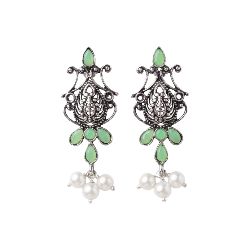 Flower motif hanging pearls dangler earring (Pista)