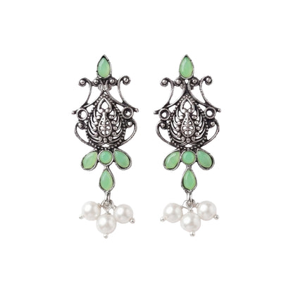 Flower motif hanging pearls dangler earring (Pista)