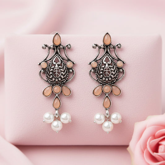 Flower motif hanging pearls dangler earring (Light Orange)