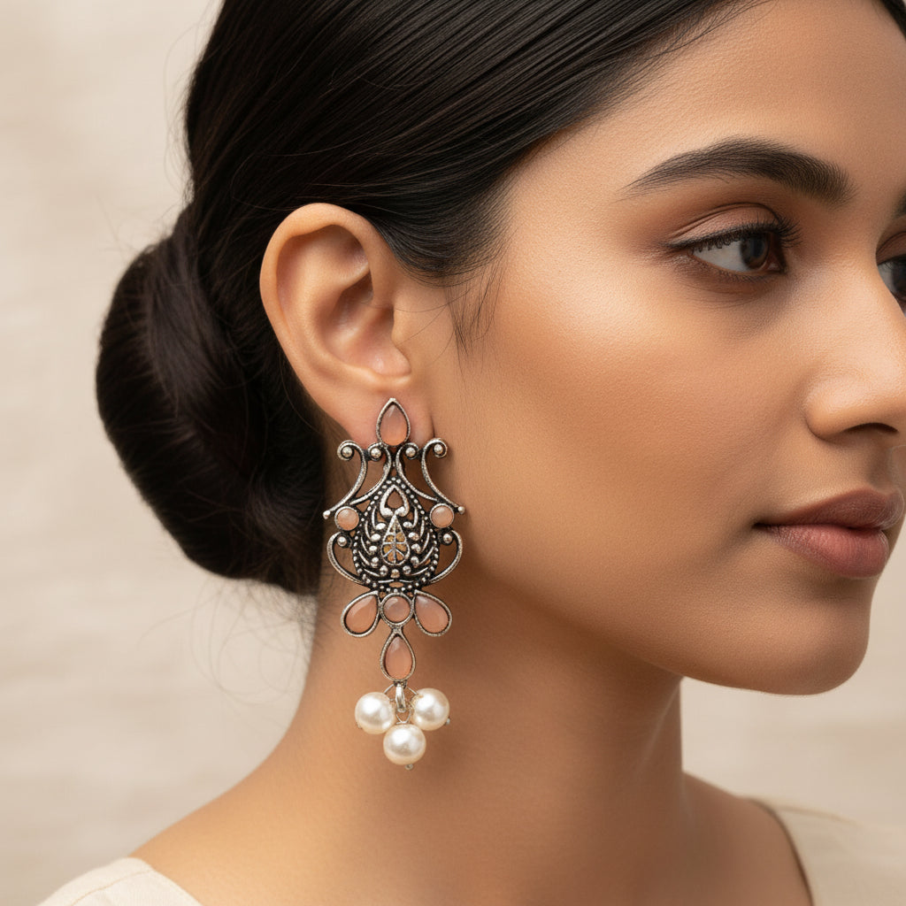 Flower motif hanging pearls dangler earring (Light Orange)