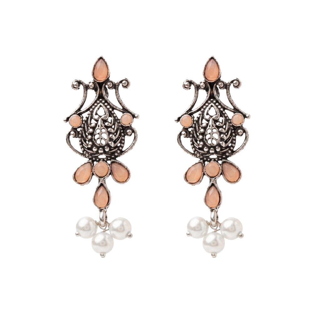 Flower motif hanging pearls dangler earring (Light Orange)