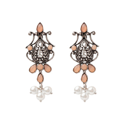 Flower motif hanging pearls dangler earring (Light Orange)