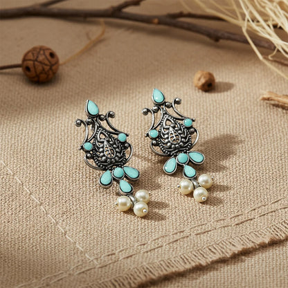 Flower motif hanging pearls dangler earring (Mint)