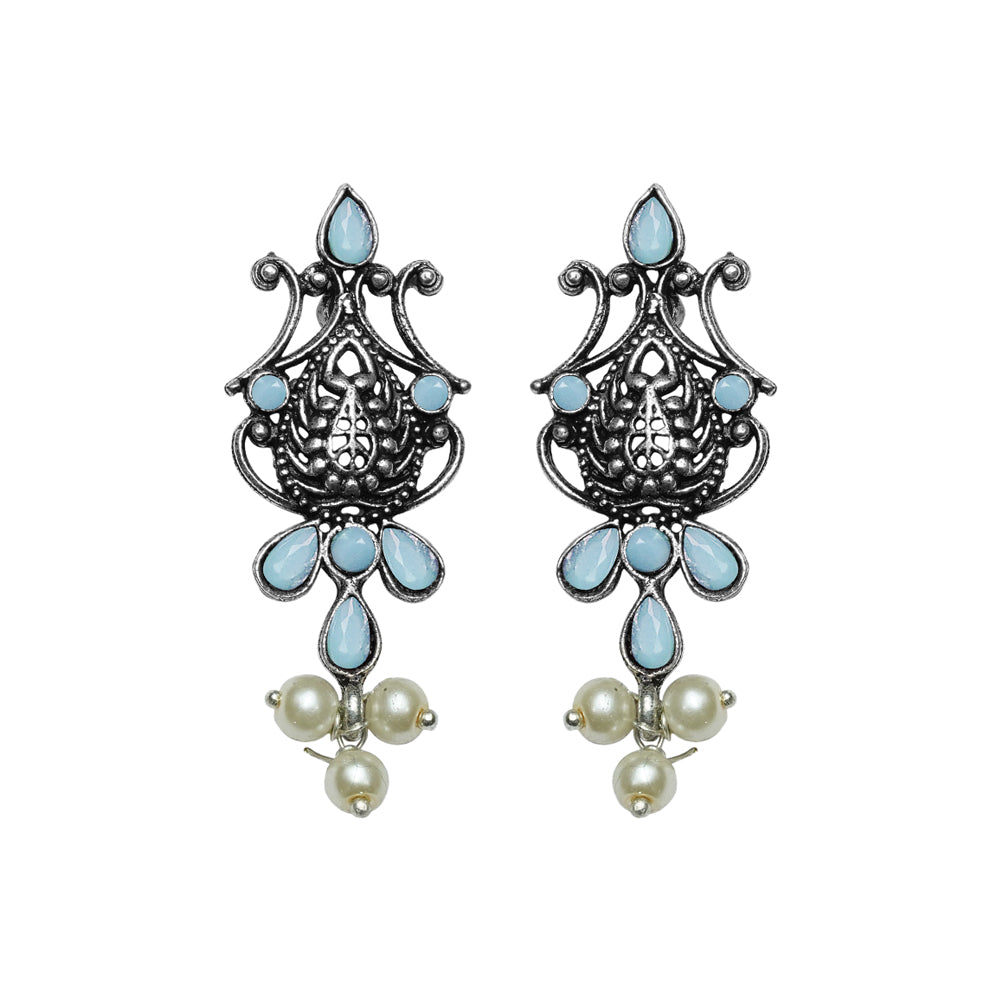 Flower motif hanging pearls dangler earring (Mint)